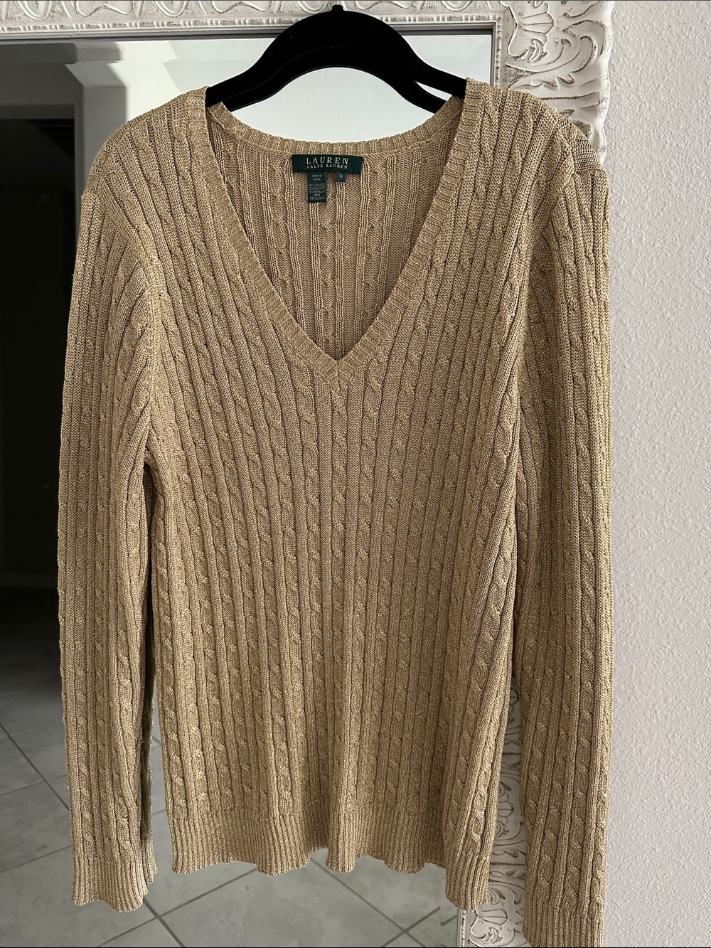 Lauren Ralph Lauren Silk Blend Gold Metallic Cable-Knit V-Neck Sweater